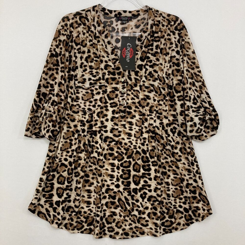 New Cocomo size 2X Black Brown Leopard Print Stretch Knit Popover Blouse Office